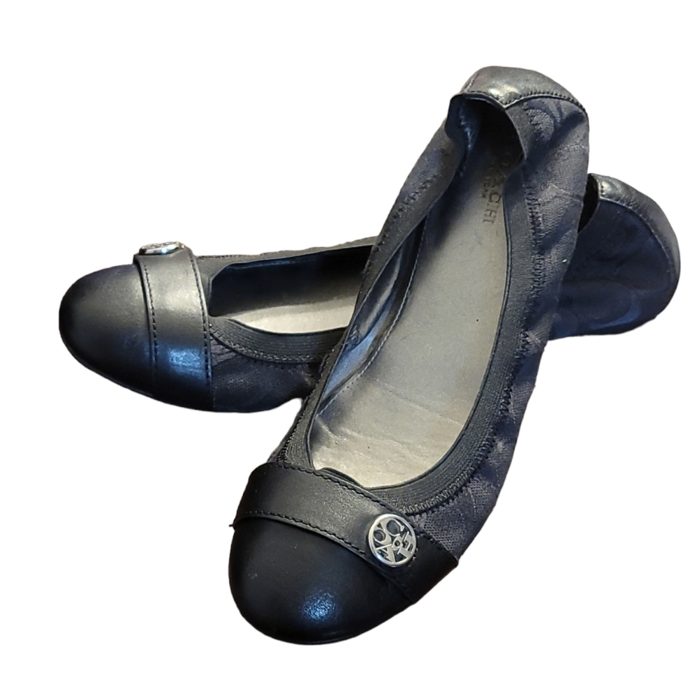 Coach Chelsey A4122 Black Signature Fabric Leather Emblem Ballet Flats, Size 7.5